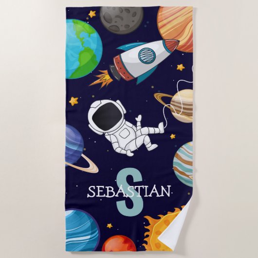 Gepersonaliseerde Kinder ruimte astronaut zomer Strandlaken (Voorkant)