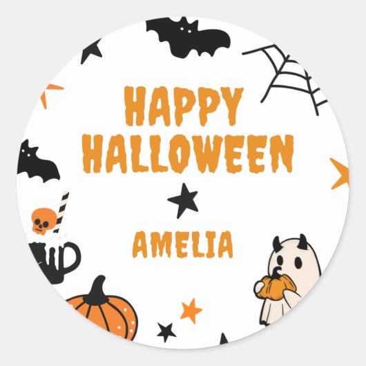 Gepersonaliseerde Kinder Schattigee Happy Hallowee Ronde Sticker (Voorkant)
