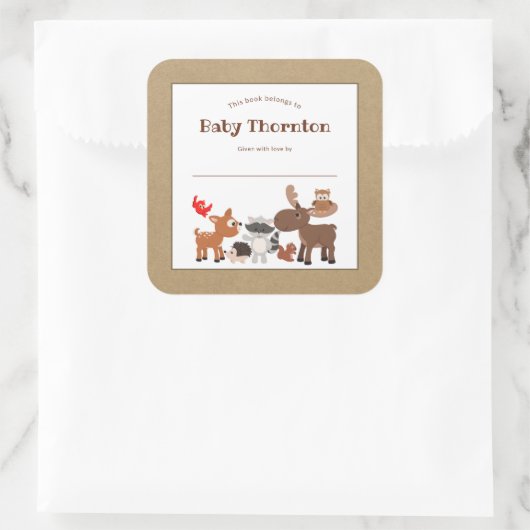 Gepersonaliseerde kinderboekenplank, bosdieren vierkante sticker (Tas)