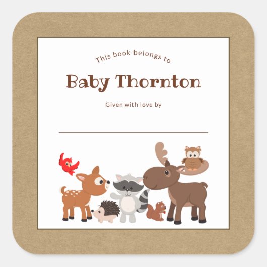 Gepersonaliseerde kinderboekenplank, bosdieren vierkante sticker (Voorkant)