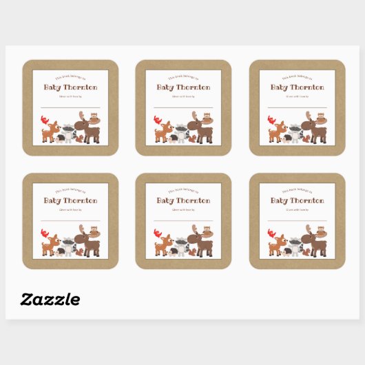 Gepersonaliseerde kinderboekenplank, bosdieren vierkante sticker (Vel)