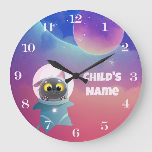 Gepersonaliseerde Kinderen Space Cat wandklok (Voorkant)