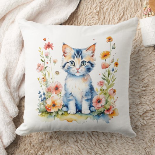 Gepersonaliseerde Kitten en Bloemen Baby Naam Kussen (Deken)