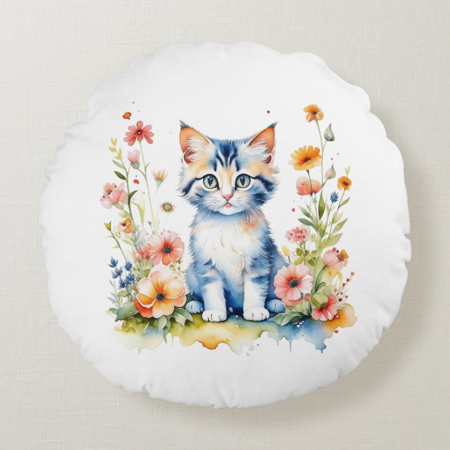 Gepersonaliseerde Kitten en Bloemen Baby Naam Rond Kussen (Voorkant)