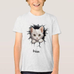 Gepersonaliseerde kitten gluren uit faux hole Tri-Blend shirt