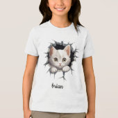 Gepersonaliseerde kitten gluren uit faux hole Tri-Blend shirt (Voorkant)