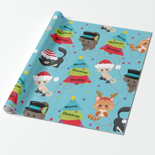 Gepersonaliseerde Kitten Kerstmis Cadeaupapier (Uitgerold)