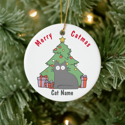 Gepersonaliseerde kitty kat kerst grijs kat keramisch ornament (Boom)