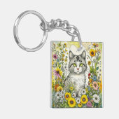 Gepersonaliseerde kitty kat zitten in bloemen sleutelhanger (Voorkant Links)