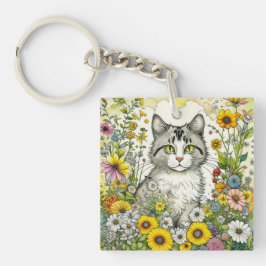 Gepersonaliseerde kitty kat zitten in bloemen sleutelhanger