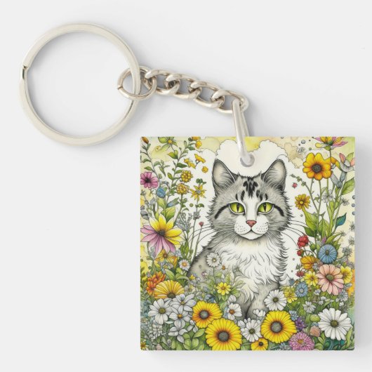 Gepersonaliseerde kitty kat zitten in bloemen sleutelhanger (Voorkant)