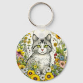 Gepersonaliseerde kitty kat zitten in bloemen sleutelhanger (Voorkant)