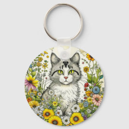 Gepersonaliseerde kitty kat zitten in bloemen sleutelhanger