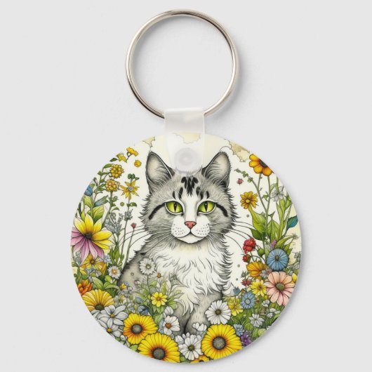 Gepersonaliseerde kitty kat zitten in bloemen sleutelhanger (Voorkant)