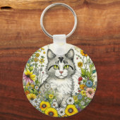 Gepersonaliseerde kitty kat zitten in bloemen sleutelhanger (Voorkant)