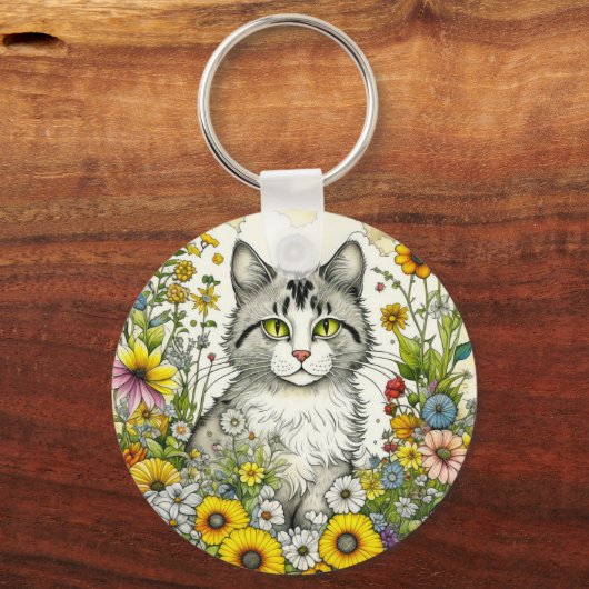 Gepersonaliseerde kitty kat zitten in bloemen sleutelhanger (Voorkant)