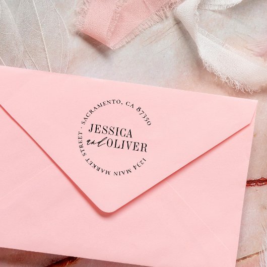 Gepersonaliseerde klassieke bruiloft ronde retour   zelfinktende stempel