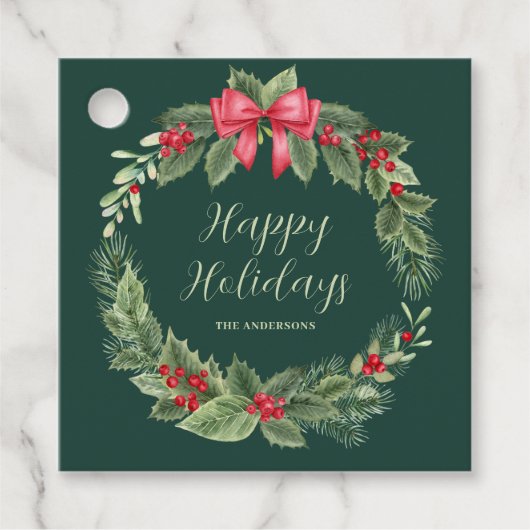 Gepersonaliseerde Klassieke Groene Kerst Krans Bedankjes Labels (Voorkant)