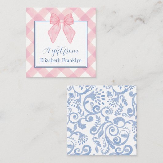 Gepersonaliseerde klassieke roze gingham meisjes c informatiekaartje (Voorkant / Achterkant)