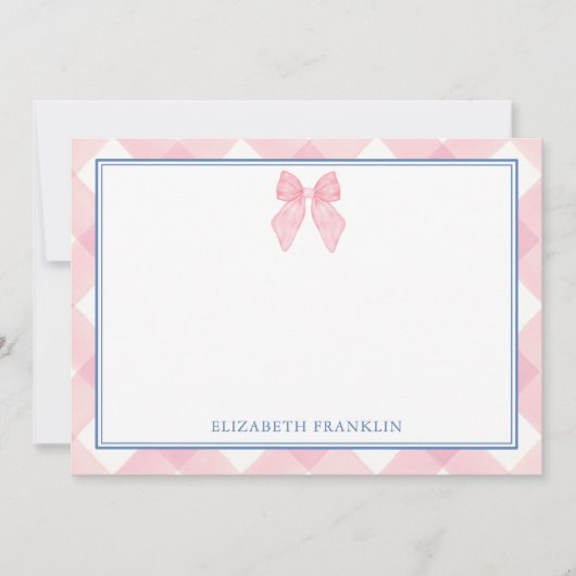 Gepersonaliseerde klassieke roze gingham meisjes c notitiekaartje (Voorkant)