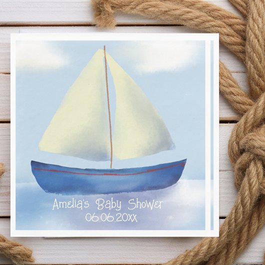 Gepersonaliseerde kleine blauwe zeilboot Baby show Servet