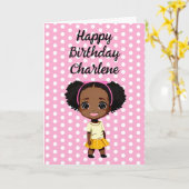 Gepersonaliseerde kleine Cartoon meisje roze verja Kaart (Gele Bloem)