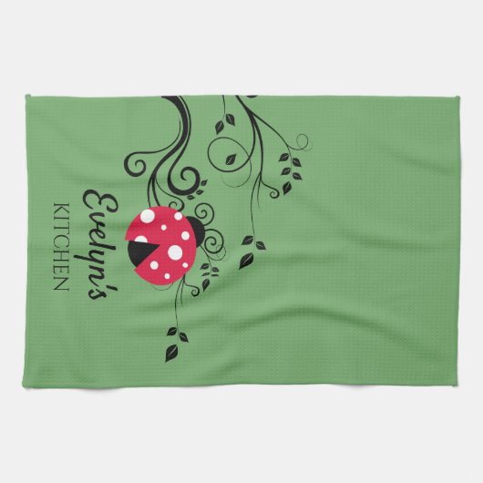 Gepersonaliseerde kleine dame bug keukenhanddoek (Horizontaal)