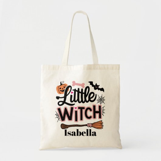 Gepersonaliseerde kleine heks Trick or treat Snoep Tote Bag (Voorkant)