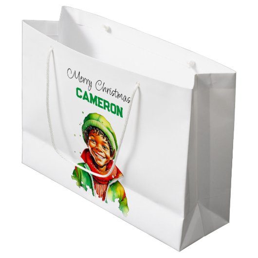 Gepersonaliseerde kleine  jongen elf kerst groot cadeauzakje (Voorkant Gekanteld)