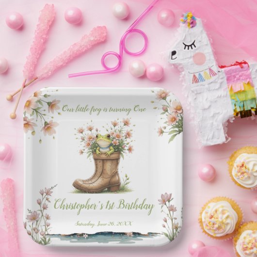 Gepersonaliseerde kleine kikker Froggie 1e verjaar Papieren Bordje (Feest)