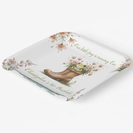 Gepersonaliseerde kleine kikker Froggie 1e verjaar Papieren Bordje (Gebogen)