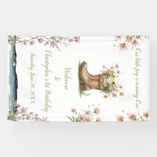 Gepersonaliseerde kleine kikker Froggie 1e verjaar Spandoek (Horizontaal)