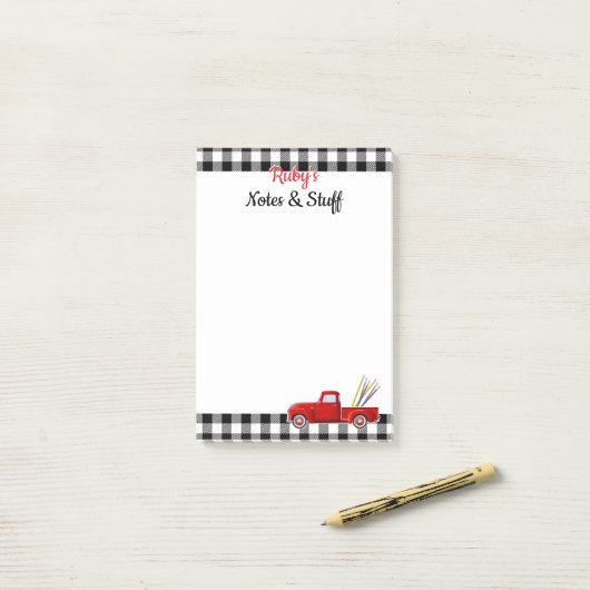 Gepersonaliseerde kleine rode vrachtwagen post-it® notes (Op bureau)