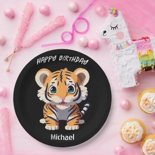 Gepersonaliseerde kleine tijger verjaardag papieren bordje (Feest)