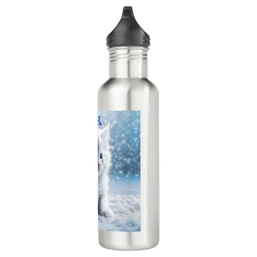 Gepersonaliseerde kleine witte kitten in sneeuw waterfles  (Rechts)