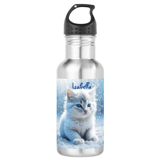 Gepersonaliseerde kleine witte kitten in sneeuw waterfles  (Voorkant)