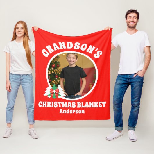 Gepersonaliseerde kleinzoon foto kerst fleece deken (In situ)