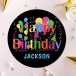 Gepersonaliseerde kleurrijke ballonnen VERHUIZEN B Papieren Bordje<br><div class="desc">Kleurrijk gefeliciteerd bord voor wegwerppapier. ballonnen in verschillende levendige kleuren met sterren,  confetti en feestelijke petten. Zwarte achtergrond. Aanpassen door jouw tekst toe te voegen.</div>