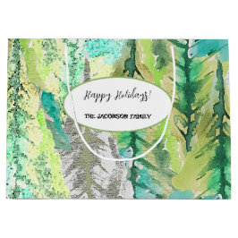 Gepersonaliseerde kleurrijke dennenboom aquarel groot cadeauzakje