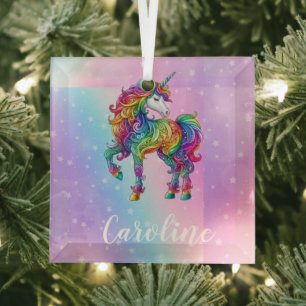 Gepersonaliseerde kleurrijke eenhoorn magie glas ornament