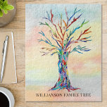Gepersonaliseerde kleurrijke familieboom Jigzaag P Legpuzzel<br><div class="desc">Deze stijlvolle puzzel is versierd met een kleurrijk ontwerp van de gezinsstructuur op de achtergrond van de waterverf. Eenvoudig aan te passen met uw familienaam. Omdat we ons eigen kunstwerk creëer,  zal je dit exacte afbeelding niet vinden van andere ontwerpers. Originele mozaïek en Waterverf © Michele Davies.</div>
