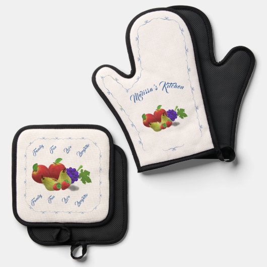 Gepersonaliseerde kleurrijke fruit thema keukenhan ovenwant & pannenlap set (Voorkant / Achterkant)