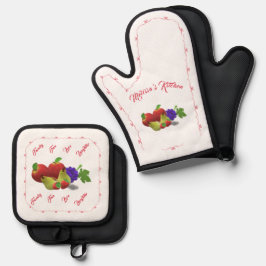 Gepersonaliseerde kleurrijke fruit thema keukenhan ovenwant & pannenlap set
