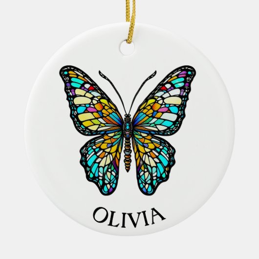 Gepersonaliseerde kleurrijke Glazen in lood vlinde Keramisch Ornament (Voorkant)