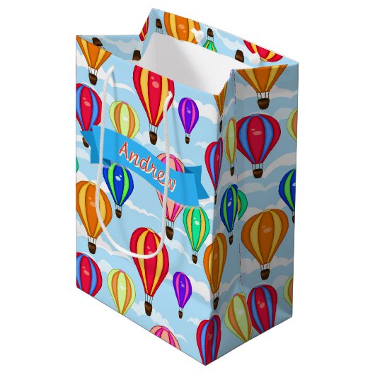 Gepersonaliseerde kleurrijke heteluchtballonnen in medium cadeauzakje (Voorkant Gekanteld)