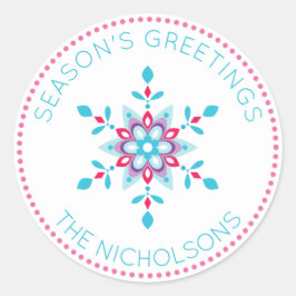 Gepersonaliseerde kleurrijke sneeuwvlok vakantie ronde sticker