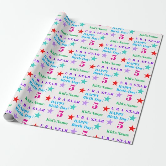 Gepersonaliseerde kleurrijke Star-Theme Kids Verja Cadeaupapier (Uitgerold)