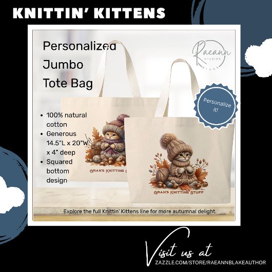 Gepersonaliseerde Knittin' Kittens Jumbo Canvas ta Grote Tote Bag
