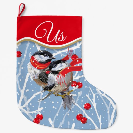 Gepersonaliseerde knuffelen chickadees paar grote kerstsok (Voorkant)