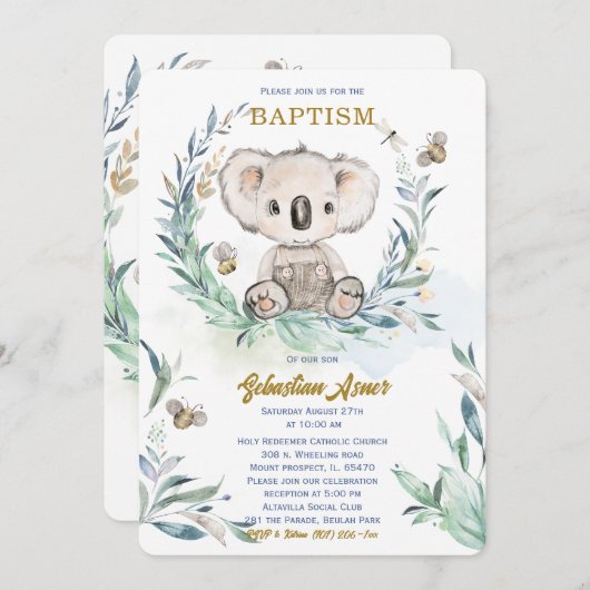 Gepersonaliseerde koala doop Sjabloon Kaart (Voorkant / Achterkant)